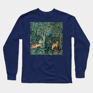 GREENERY, FOREST ANIMALS Fox and Hares Blue Green Floral Tapestry Long Sleeve T-Shirt